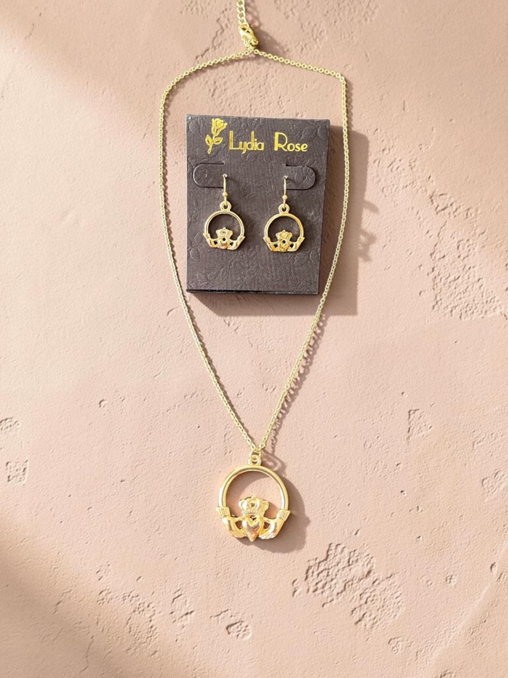 Lydia Rose Gold tone Claddagh Necklace & Earrings Set